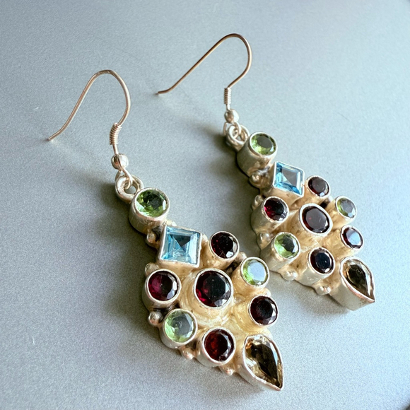 Multi Color Gemstones Sterling Silver Rhombus Boho Dangle Hook Earrings - Picture 2 of 7